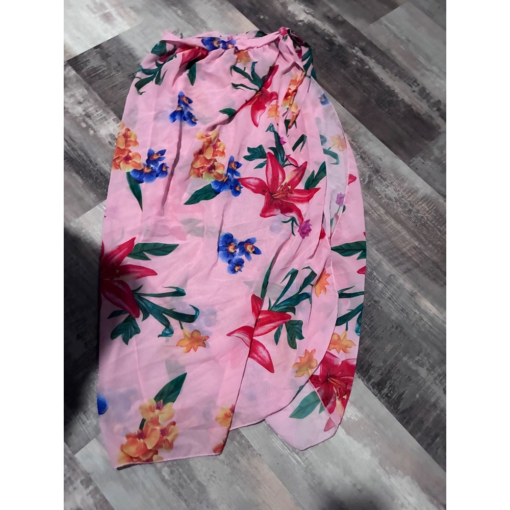 Pink Floral Wrap Maxi Skirt Sheer Lightweight Bohemian Resort Vacation